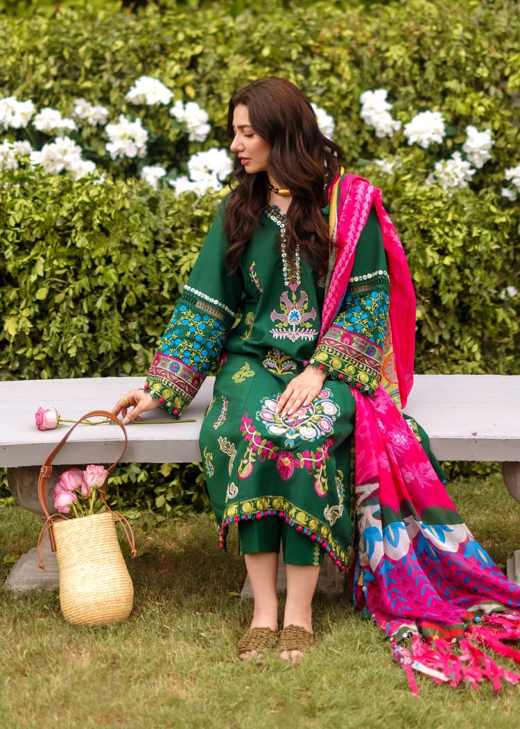Luxury Bottle Green Embroidered 3-Piece Unstitched Suit - Designer Eid Collection with Multi-Color Floral Work and Digital Print Dupatta