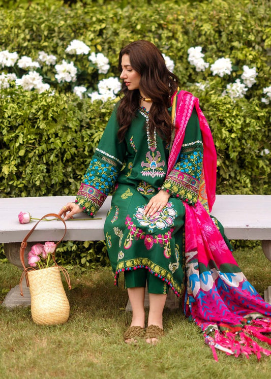 Luxury Bottle Green Embroidered 3-Piece Unstitched Suit - Designer Eid Collection with Multi-Color Floral Work and Digital Print Dupatta
