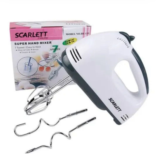 Scarlett 7-speed white electric hand mixer with stainless steel beaters and dough hooks.