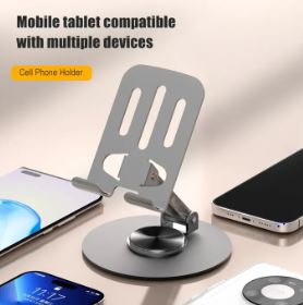 Side view of adjustable dual-axis metal phone holder showing 360 degree rotating base.